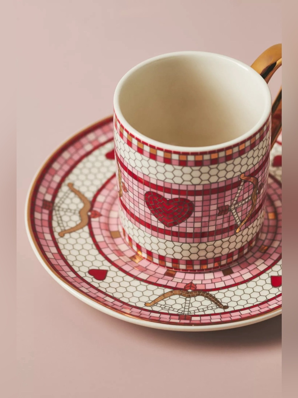 NEW Anthropologie Bistro Tile Stoneware 24k Gold Accent Espresso Cup & Sauce - Picture 4 of 12